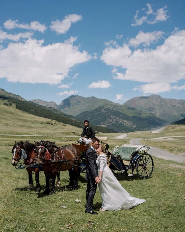 Novios junto a la calesa y los caballos en un prado de alta montaña