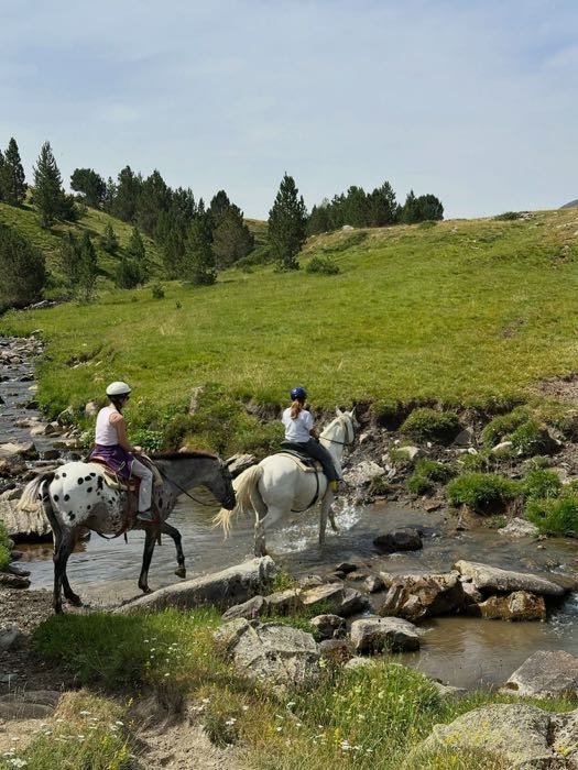 Dos jinetes cruzando un río de montaña
