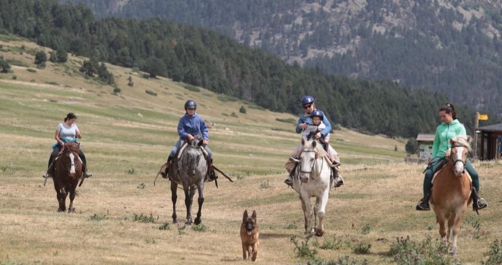 Familia a caballo por un prado con un perro delante