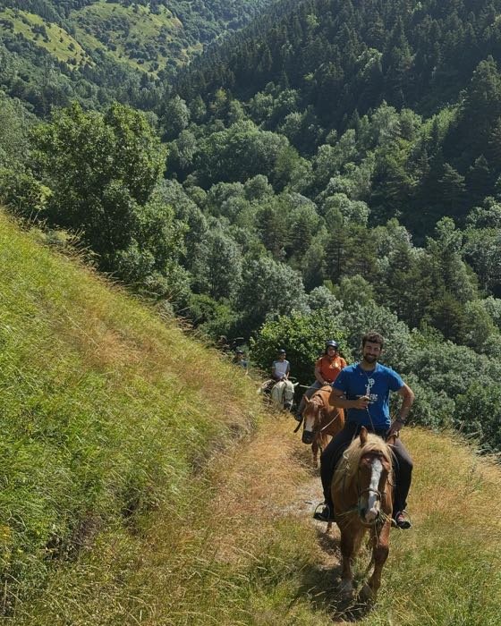 Jinetes subiendo por una ladera sobre el bosque